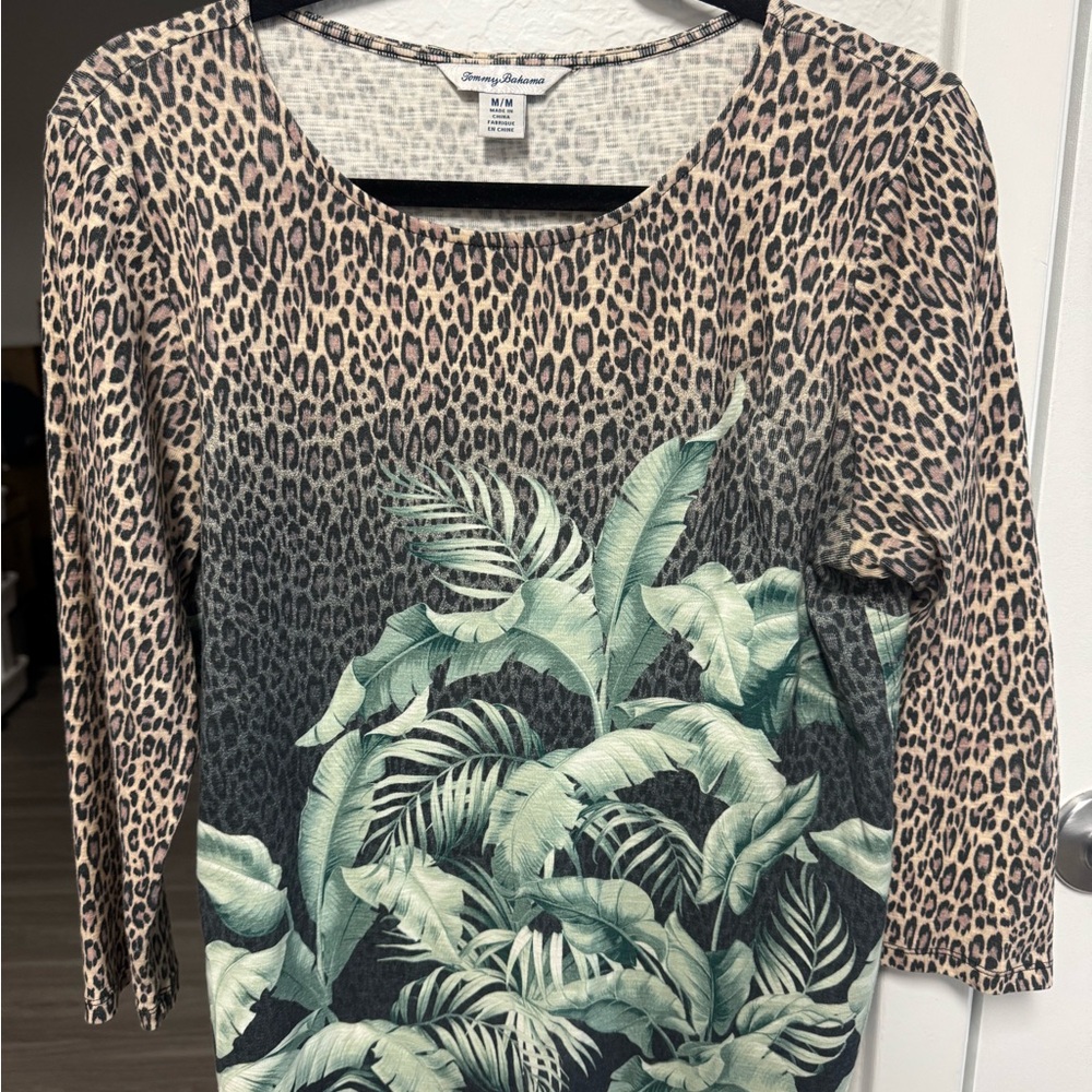 Tommy Bahama Leopard and Green Leaf Print Women's Top